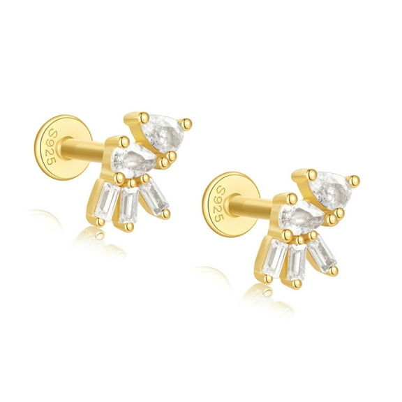 Pear Baguette CZ Flat Back Earrings for Cartilage Helix Tragus Lobe 16g Gold Plated Sterling Silver 1 pair by Ginger Lyne