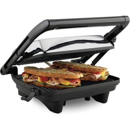 

Haugo Electric Panini Press Grill with Locking Lid Opens 180 Degrees for any Sandwich Thickness (25460A) Nonstick 8 X 10 Grids Chrome Finish Medium