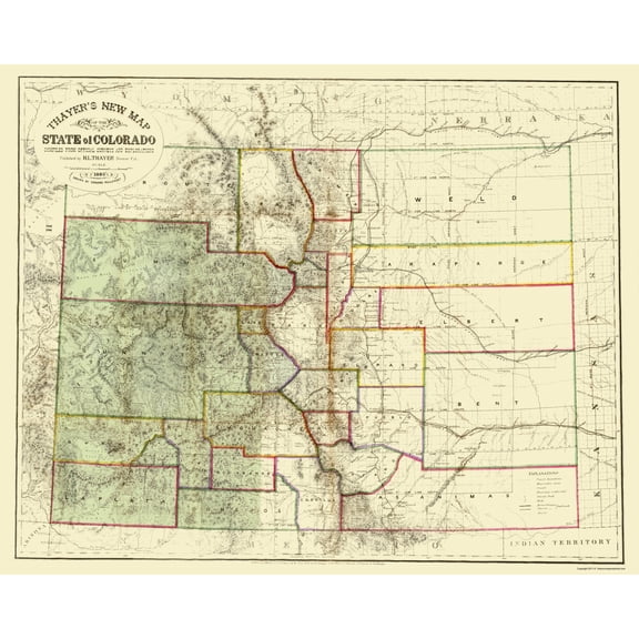 Historic State Map - Colorado - Thayer 1880 - 23 x 28.78 - Vintage Wall Art