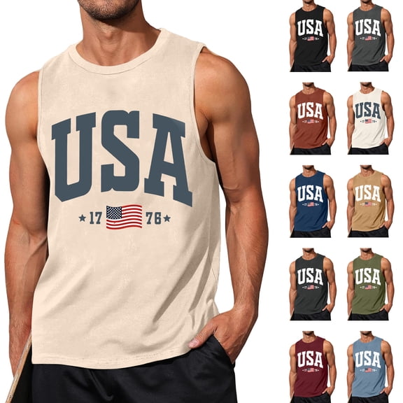 Men's USA Patriotic Tank Top with American Flag Graphic and Sleeveless Design Featuring Bold Print for Independence Day 2026 Memorial Day Beige L