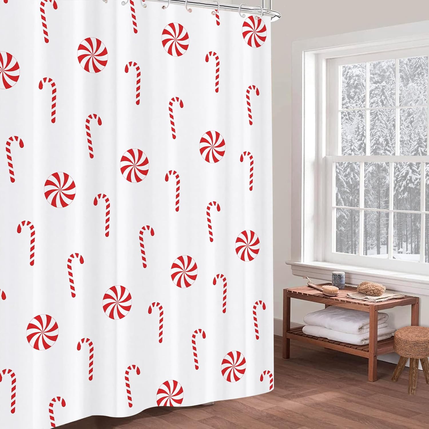 Christmas Shower Curtain Candy Cane Christmas Holiday Bathroom Shower Curtains for Bathtub Decoration with Hooks 72x72 Inch