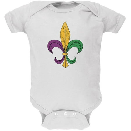 Mardi Gras Fleur De Lis Distressed White Soft Baby One Piece
