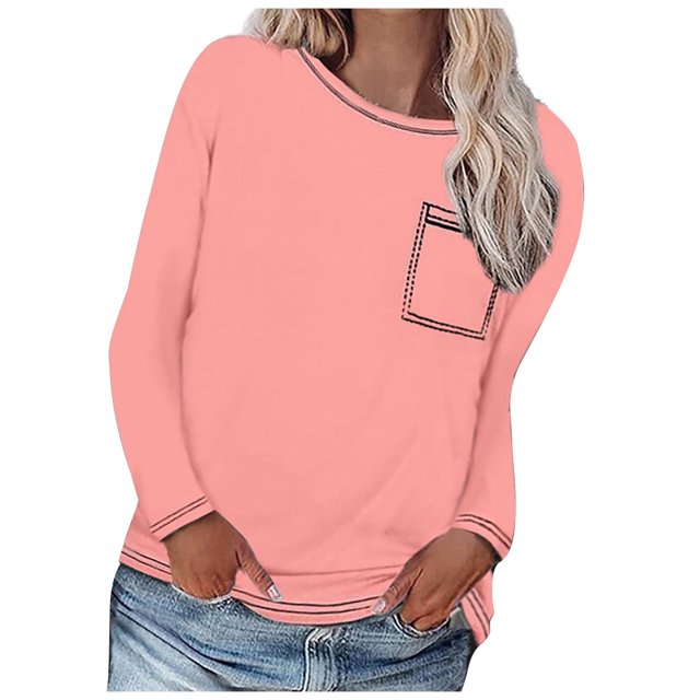 Yuyuzo Plus Size Tops for Women Col Rond Manches Longues Couleur Unie Ample Décontracté Automne Tunique Basique avec Poches
