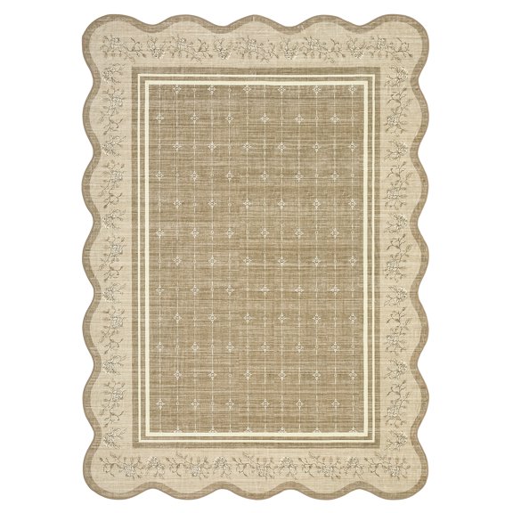 Large Area Rug Washable 10x13 Scalloped Floral Living Room Rug Soft Non Slip Low Pile Indoor Carpet Stain Resistant Modern Bordered Accent Carpet for Bedroom Nursery Kids Room Office Camel