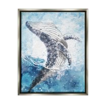 Stupell Industries Splashing Marine Whale Animals & Insects Painting Gray Floater Framed Art Print Wall Art, 17 x 21