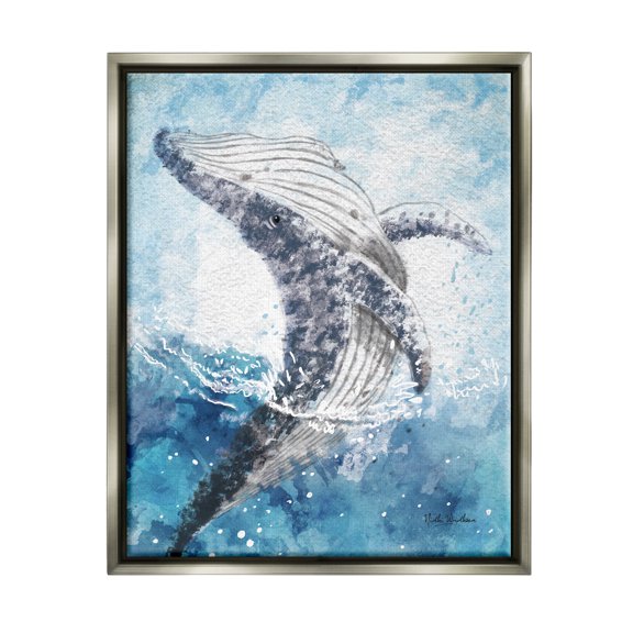 Stupell Industries Splashing Marine Whale Animals & Insects Painting Gray Floater Framed Art Print Wall Art, 25 x 31
