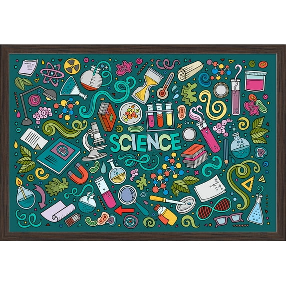Science Icons - Collage - Lantern Press Artwork (24x16 Giclee Art Print, Gallery Framed, Espresso Wood)