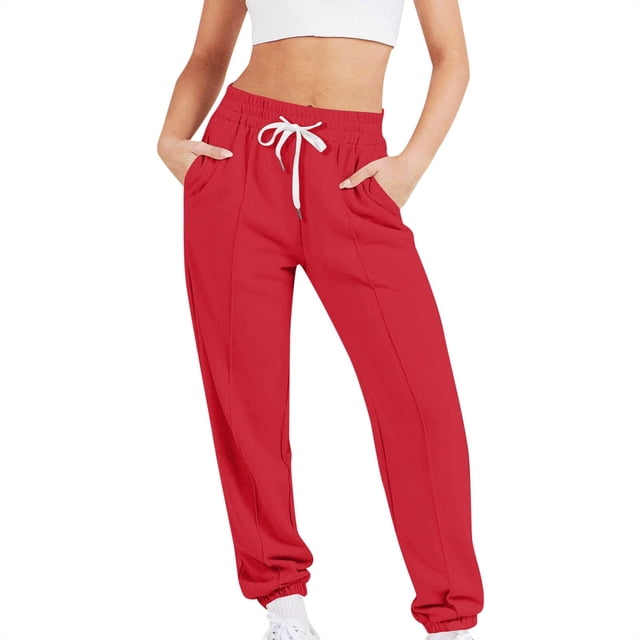 YFELWZ Women's Casual Pants Elastic Waist Solid Color Jogging With Drawstring