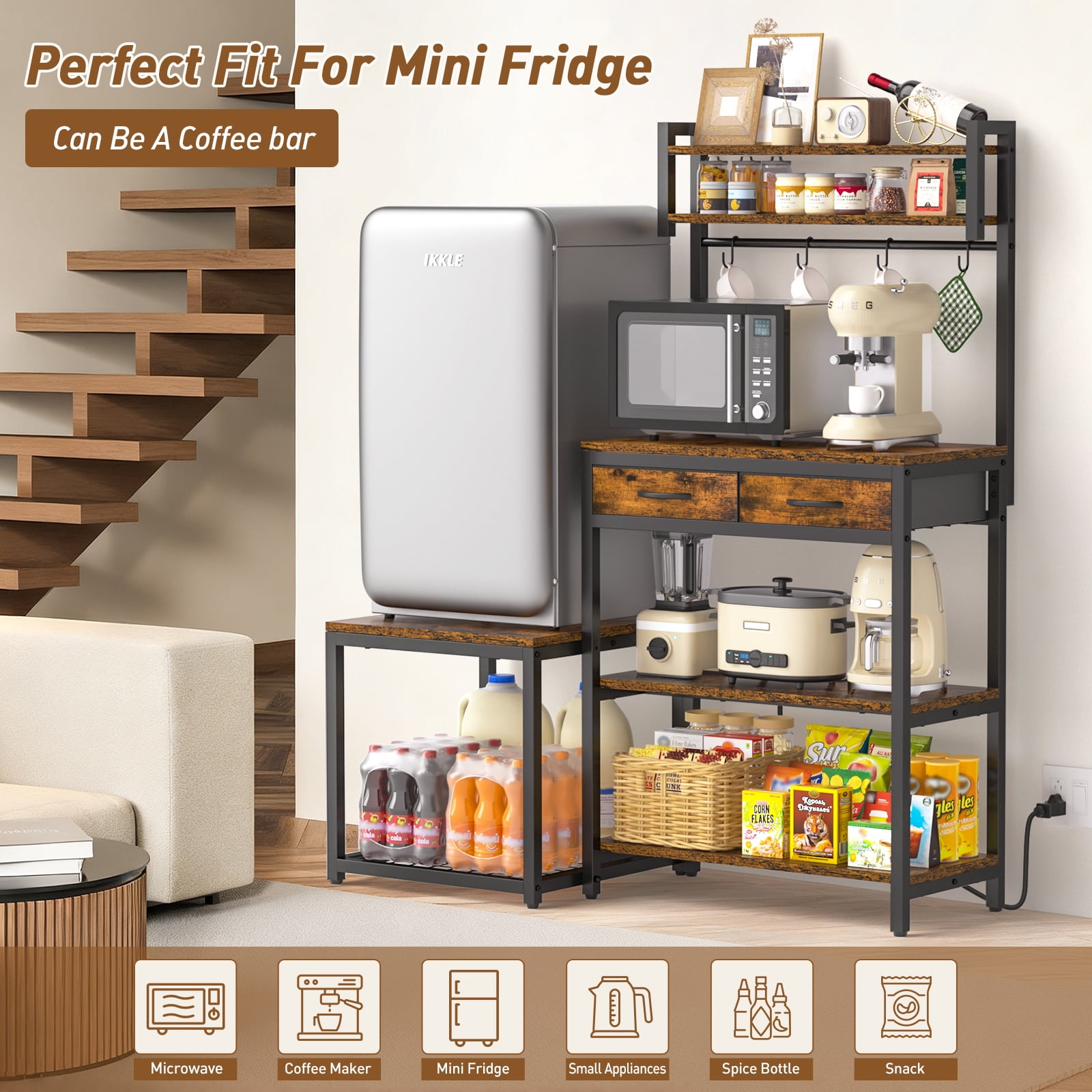 Baker's Rack with Power Strip and Mini Fridge Stand, Coffee Bar Storage Shelf with Side Table