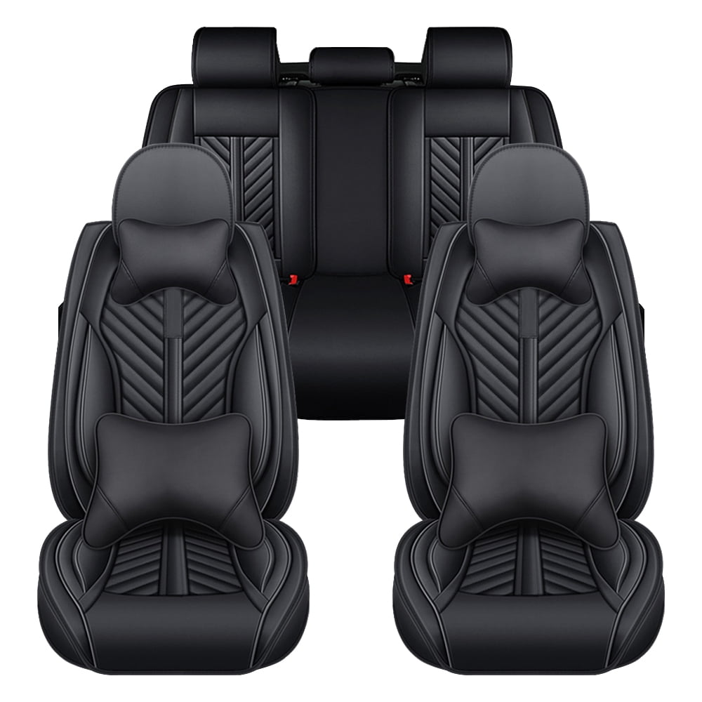 Tuqiang Car Seat Covers Universal 5-Seat Covers Front & Rear Full Set Faux Leather Seat Cushion Protector Waterproof with Pollow and Headrest Black