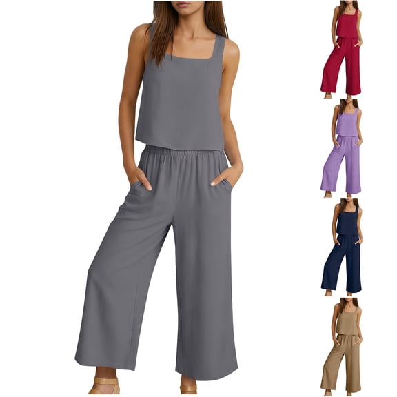 FRSASU Womens Sleeveless Vests Dressy Casual Square Neck Vest Tops Wide Leg Capri Pants Sets with Pockets Red
