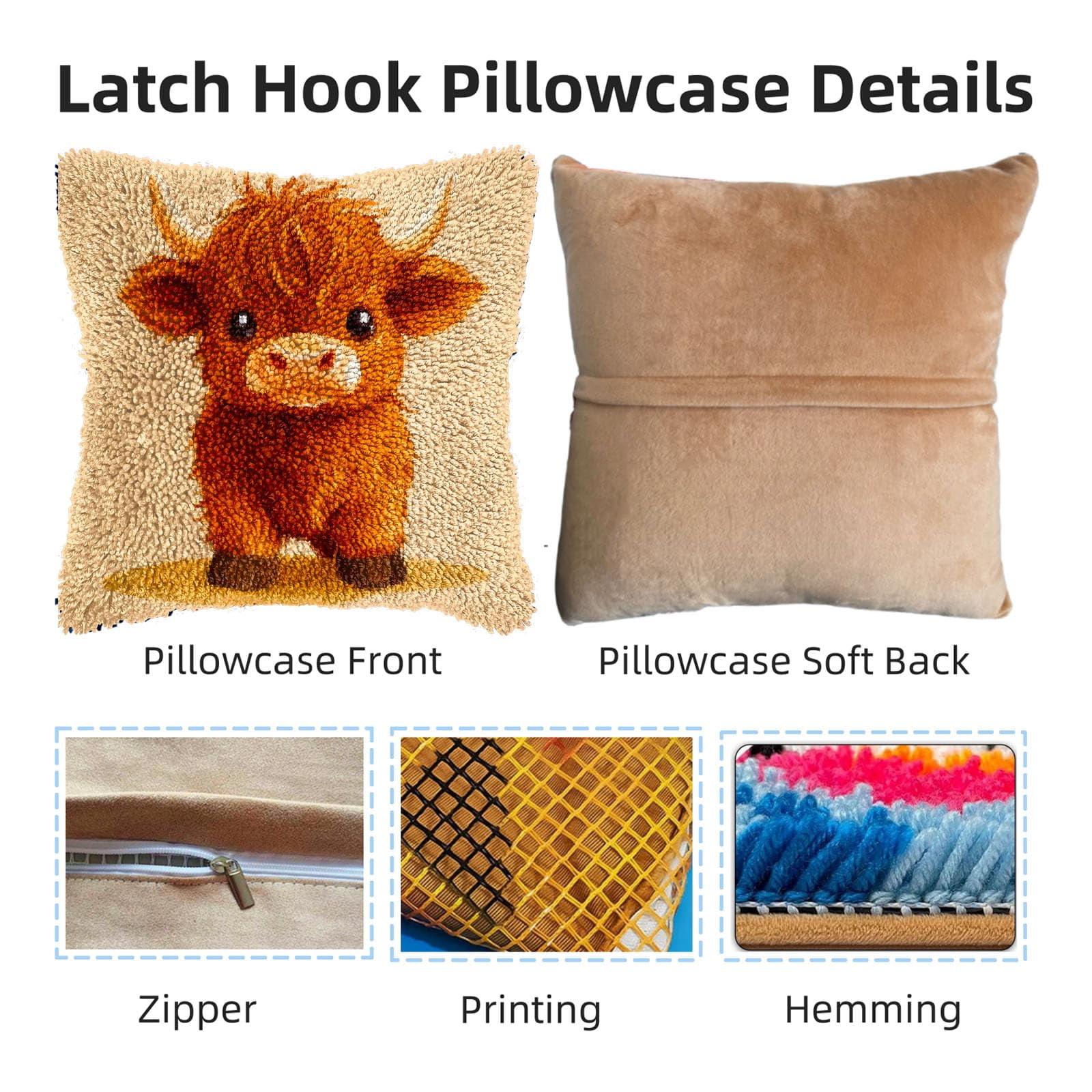 Latch Hook Pillow Kits for Adults Cute Baby Highland Cow DIY Pillow Cover Printed Pillowcase Crochet Hooking Yarns Handmade Cushion for Home Sofa Decoration 17x17inch(8)
