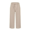 thumbnail image 6 of Beige Linen Capri Pants Women Work Elastic Wide Leg Stretch Cropped Pants High Waist Drawstring Comfy Summer Gauchos Pants with Pockets XXL, 6 of 6