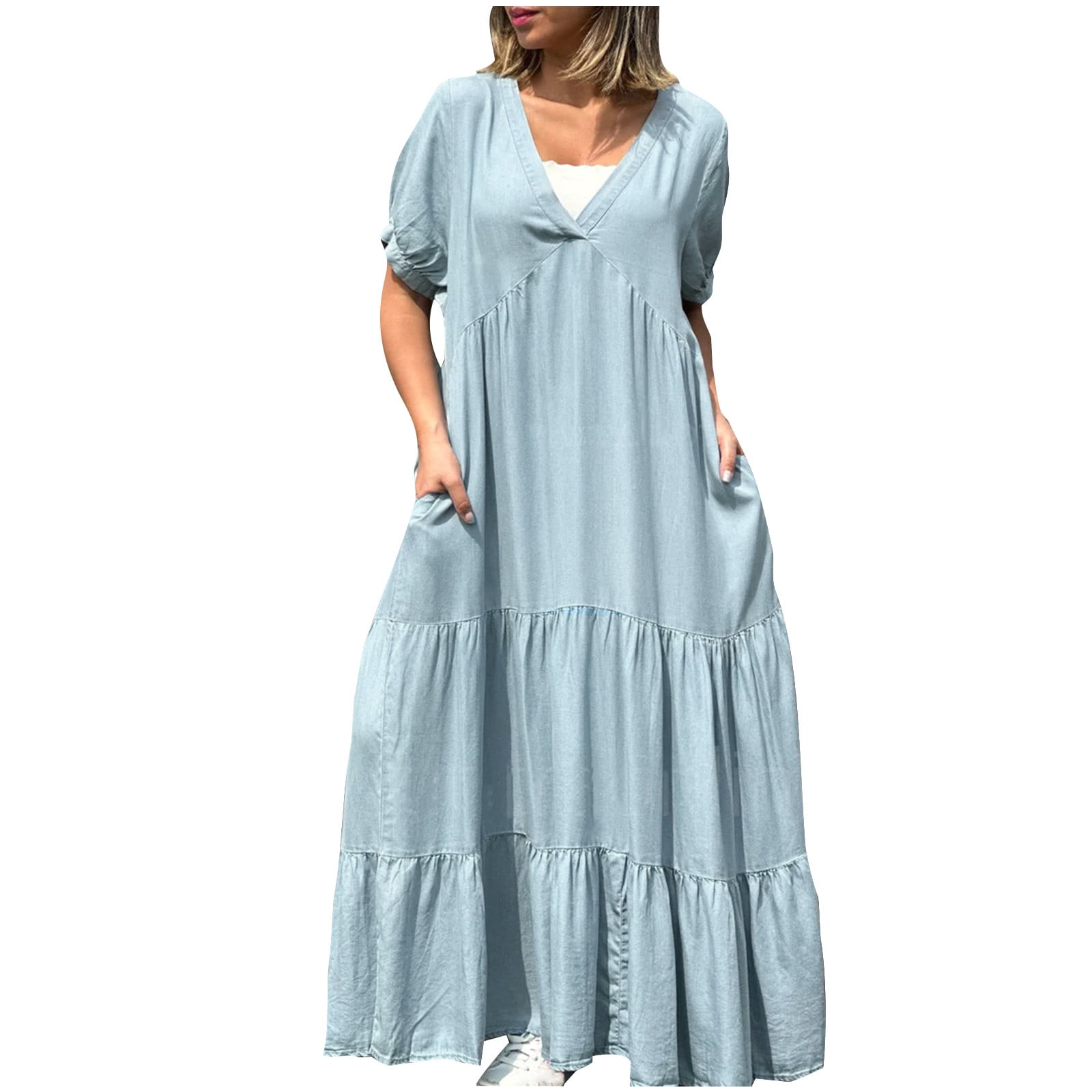 OSFVNOXV Denim Look Dress for Women Plus Size Summer Boho Loose Tiered Maxi Dress Casual V-Neck Flowy A-Line Tunic Shirt Dress,S-5XL