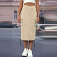 thumbnail image 2 of Hot days, bold styles SMihono Women's High Waisted Drawstring Cargo Long Skirt Knee Length Side Split Denim Skirts with Cargo Pockets Beige 4, 2 of 5