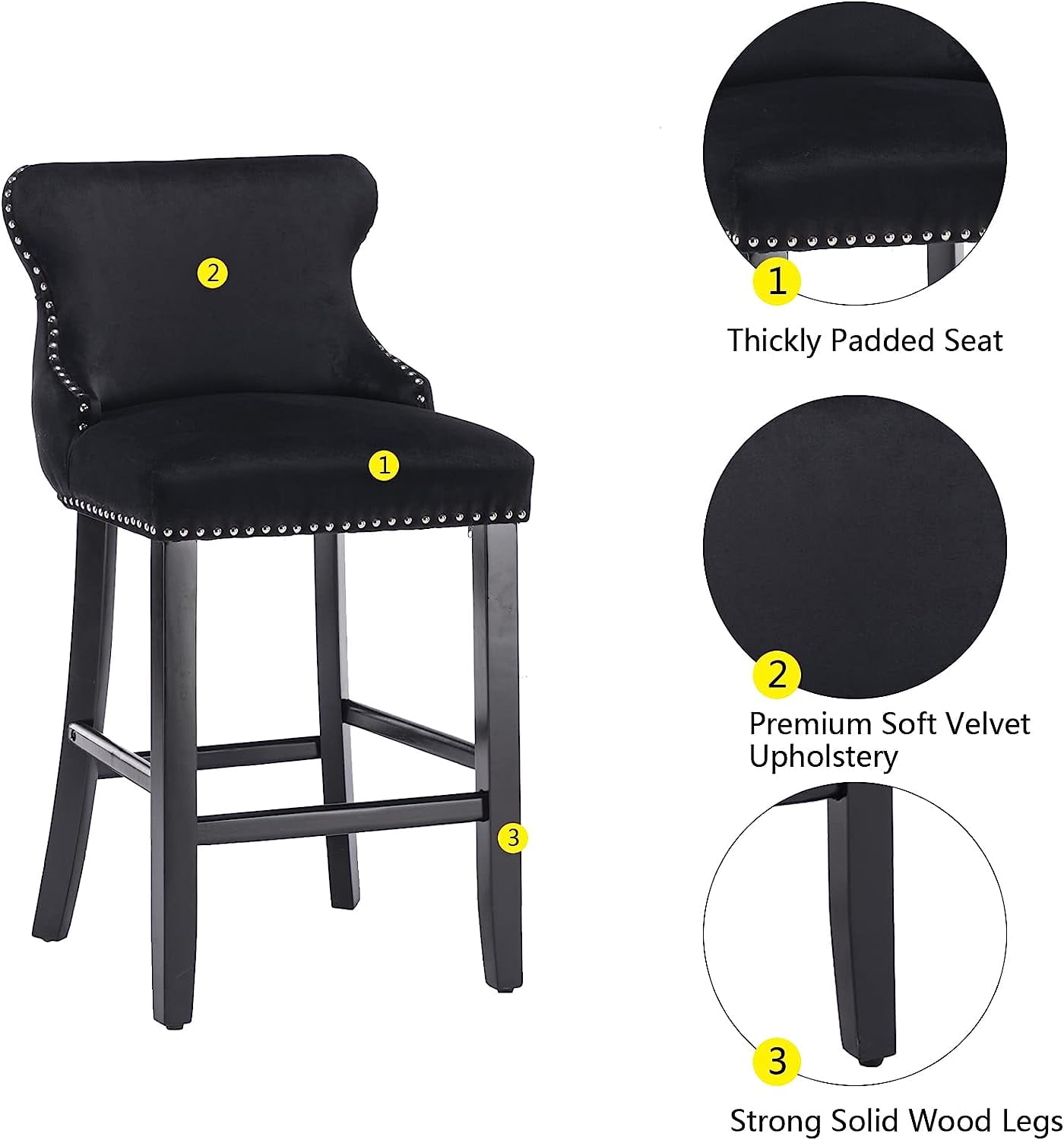 Seizeen Counter Height Bar Stools, Set of 2, Wing-back Velvet Dining Chairs with Soft Cushion, Solid Wood Legs, Button Tufted Decoration and Chrome Nailhead Trim, Black