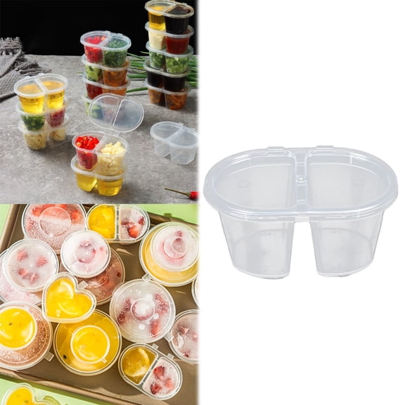 50 Pcs Double Compartment Condiment Containers with Lids, One Size 2 Section Sauce Cups for Takeout, Travel, and Meal Prep, Disposable or Reusable