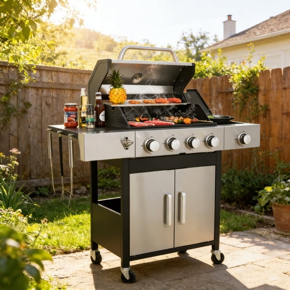 Fehomix 4-Burner Propane Gas Grill with Side Burner, 46790BTU Stainless Steel BBQ Grill for Outdoor Cooking, Porcelain Enameled Cast Iron Grates, Thermometer & Lockable Wheels