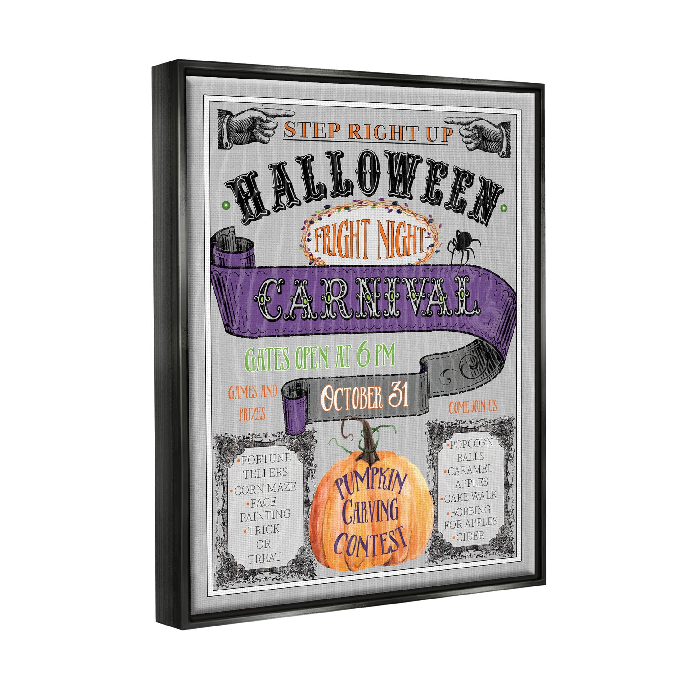 Stupell Industries Halloween Fright Night Carnival Sign Graphic Art Jet Black Floating Framed Canvas Print Wall Art, Design by Livi Finn