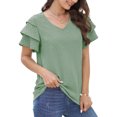 thumbnail image 6 of Scyoekwg Womens Tops Vintage V-Neck Ruffle Sleeve Elegant Shirts Casual Summer Loose Comfy Solid Color Lightweight Short Sleeve T Shirts Blouses (Green,L), 6 of 7