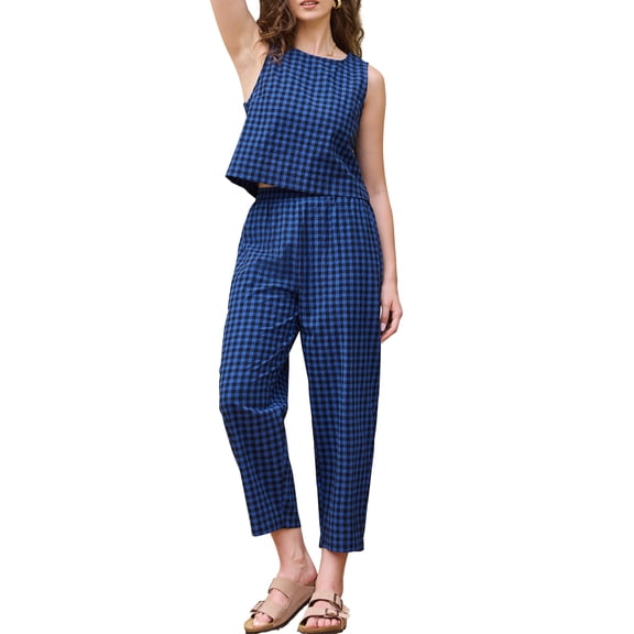 DARING DIVA Women's Gingham Pants Set 2 Piece Outfits Sleeveless Crop Top M Dark Blue