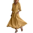 thumbnail image 2 of Uscallm Women Plus Size V Neck 3/4 Sleeve Tie Flowy Boho Maxi Dresses for Women Solid A-Line Long Casual Travel Dresses, Yellow S, 2 of 6