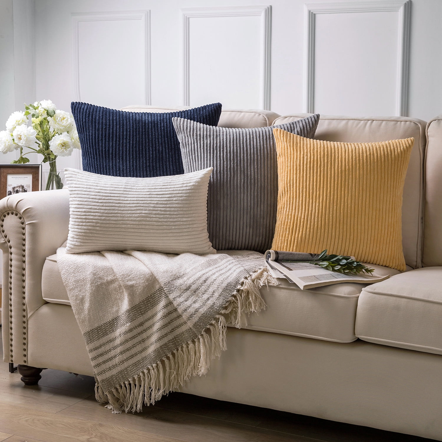 Phantoscope Soft Corduroy Striped Velvet Series Decorative Throw Pillow, 12" x 20", Brown, 2 Pack