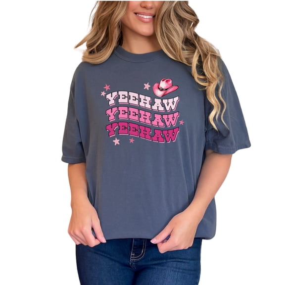 Yeehaw Graphic Tee, Pink Cowgirl Hat Shirt, Western Rodeo T-Shirt, Country Music Festival Top, Cute Southern Style Tee, Fun Summer Wear, Denim Comfort Colors T-Shirt, Small