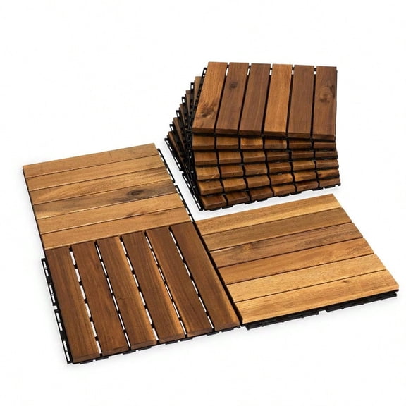 Acacia Wood Flooring Interlocking Deck Tiles for Patio Decor 9 Pcs 6 Slats VR Natural - Waterproof Indoor Outdoor Decor - Balcony Garden Decking Tile 12.24 12.24 0.75 inches