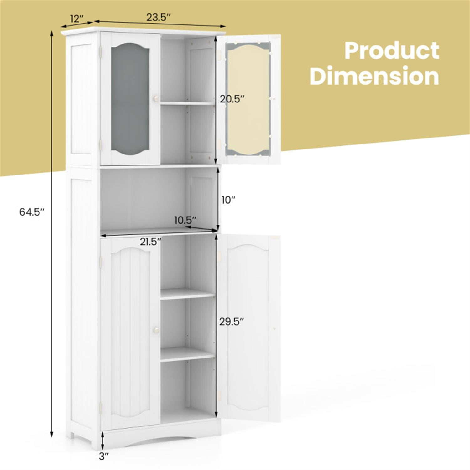 Demi Bonn 64.5" Tall Freestanding Bathroom Storage Cabinet with Frost Glass Doors and Shelves, Pantry Cabinets, White