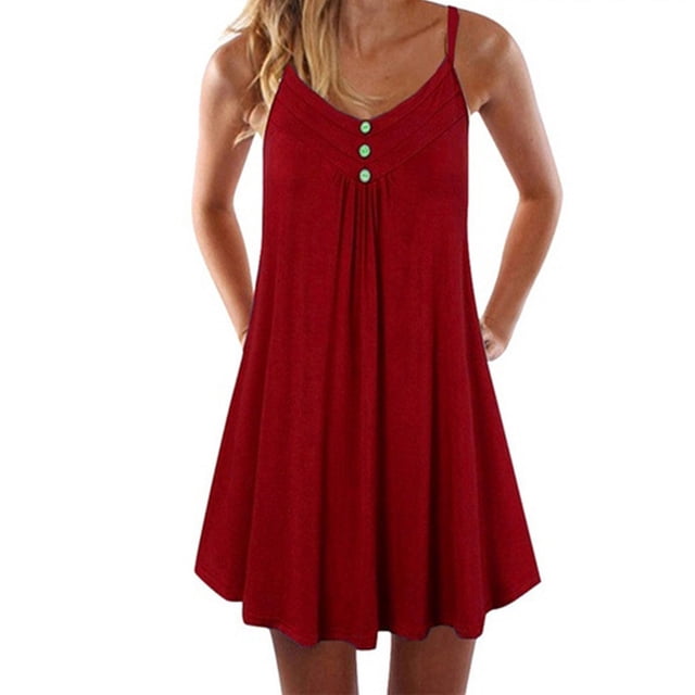 Leutsin Ladies V-neck Mid-Waist Loose Button Solid Color Sleeveless Suspender Dress