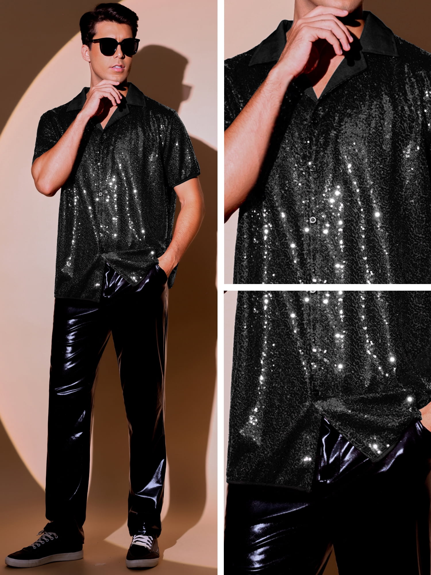 DARING DIVA Men's Sequins Camp Collar Short Sleeve Button Down Shiny Shirt 2XL Black