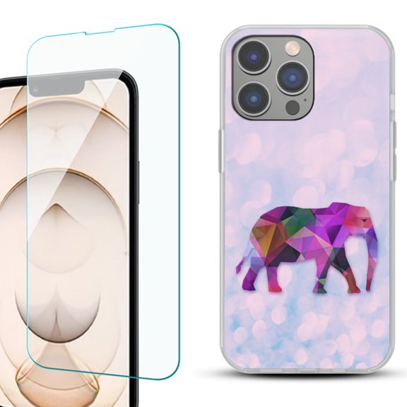 OneToughShield ® for iPhone 15 Pro Max Shockproof Fashion Phone Case, with Tempered Glass Screen Protector - Elephant /Polygon