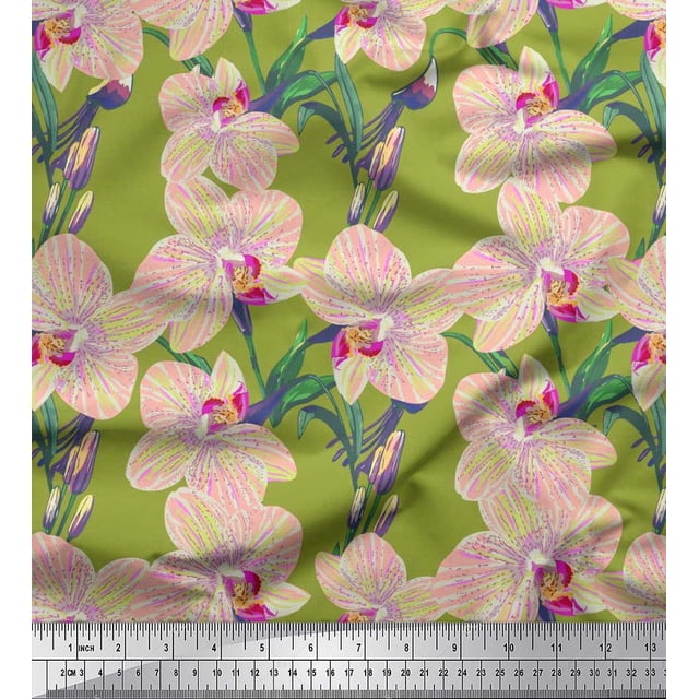 Soimoi Polyester Crepe Fabric Leaves & Orchids Floral Print Sewing Fabric Yard 52 Inch Wide