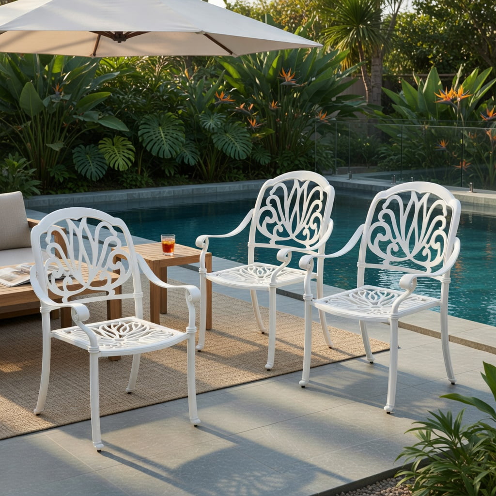 Hommoo 2-Pack Stackable Cast Aluminum Outdoor Dining Chairs with Armrests, All-Weather Patio Seating for Backyard, Garden & Porch, White