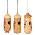 thumbnail image 1 of Casa de colibrí colgante de madera, casa de columpio de colibrí transpirable Natural con anillo de Metal dorado para exteriores, 1 of 5