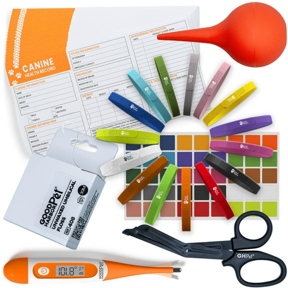 Good Harbor Pet® Puppy Whelping Essentials Kit for Newborn Dogs | Vaccination Record Cards, Thermometer, Umbilical Floss, and Supplies for Pets
