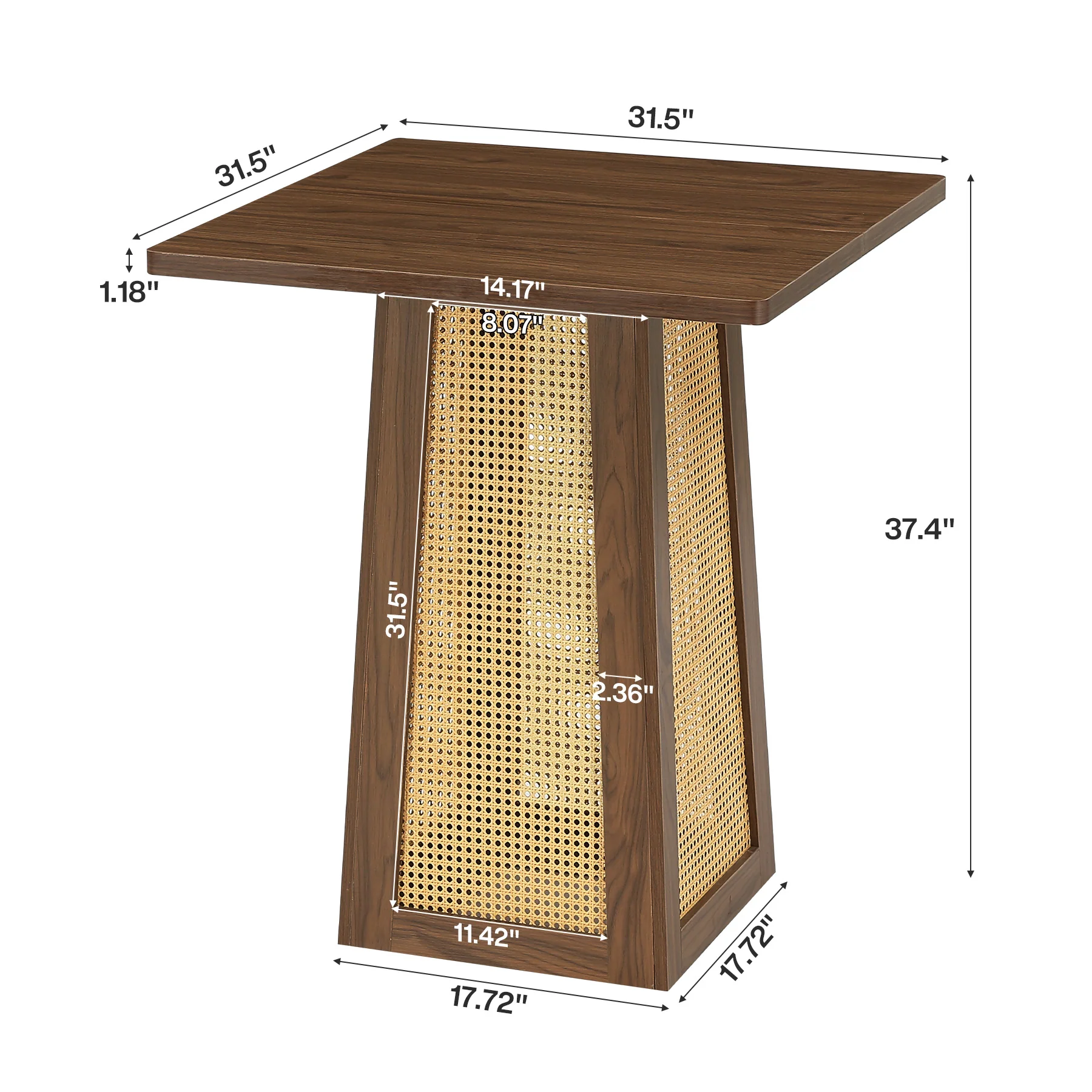Hommoo 31.5 Inch Square Counter Height Bar Table with Wood Top & Rattan Base, Pedestal Pub Table for Kitchen Island, Breakfast Nook, Small Apartment or Patio, Walnut