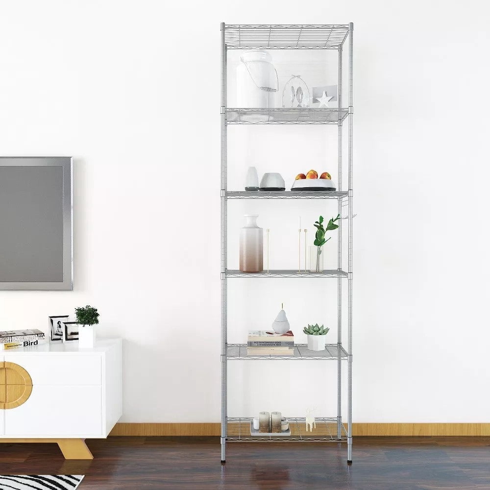 Sailvan 6-Tier 63"H Metal Storage Rack with Wheels, Slim Wire Shelving Unit for Pantry Kitchen Bathroom, Adjustable Shelves with Hooks, 530lbs Cap,Silver