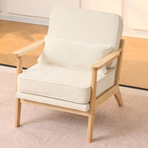 Mid-Century Modern Lounge Chair, Minimalist Accent Chair with Lumbar Pillow and Wood Armrests for Living Room Bedroom, Beige