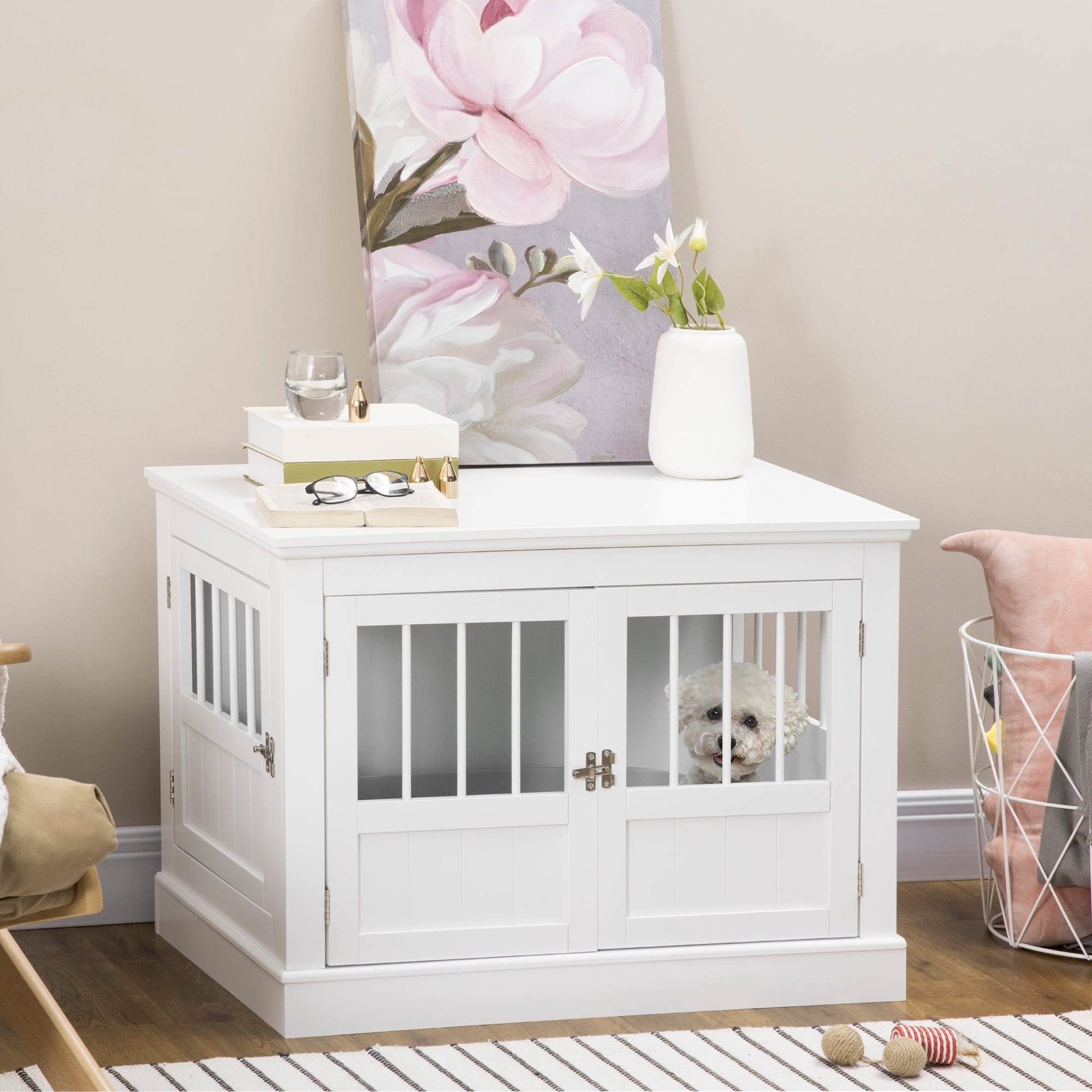 Wooden Dog Crate End Table Triple Doors Magnetic Closure Steel Tube Frame Indoor Pet Crate Furniture Side Table for Small Dogs Up to 22 lbs White