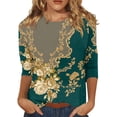 thumbnail image 2 of Vivianyo HD Women's 3/4 Sleeve Blouse Women's 3/4 Sleeve Blouses For Women Vintage Print Shirt Casual 3/4 Sleeve Crew Neck Blouse Boho Tunic Tops, 2 of 5