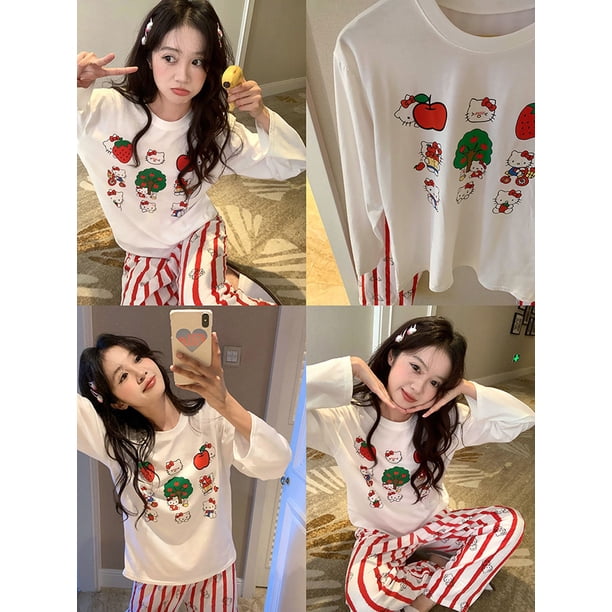Pijama de Hello Kitty estilo japonés estilo Instagram, pantalones de manga larga para mujer, ropa de casa para estudiantes con dibujos animados de primavera y otoño