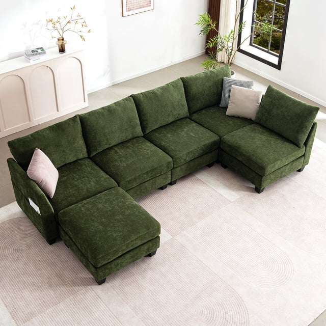 Canapé Sectionnel Modulaire de 124 Pouces, Canapé Sectionnel en U 6 Places avec Ottomane de Rangement et Ports USB, Vert