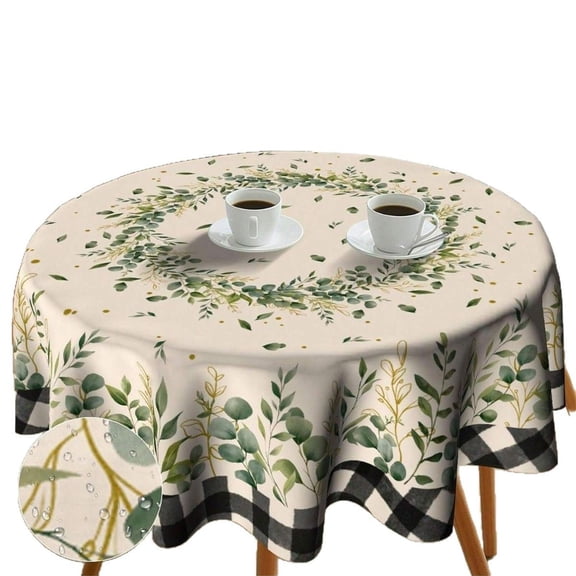 Eucalyptus Leaves Table Cloths, Rustic Black Buffalo Plaid Watercolor Green Sage Spring Summer Farmhouse Coffee Table Cover Decor for Kitchen Dining Room Outdoor Home Party, 59" Round