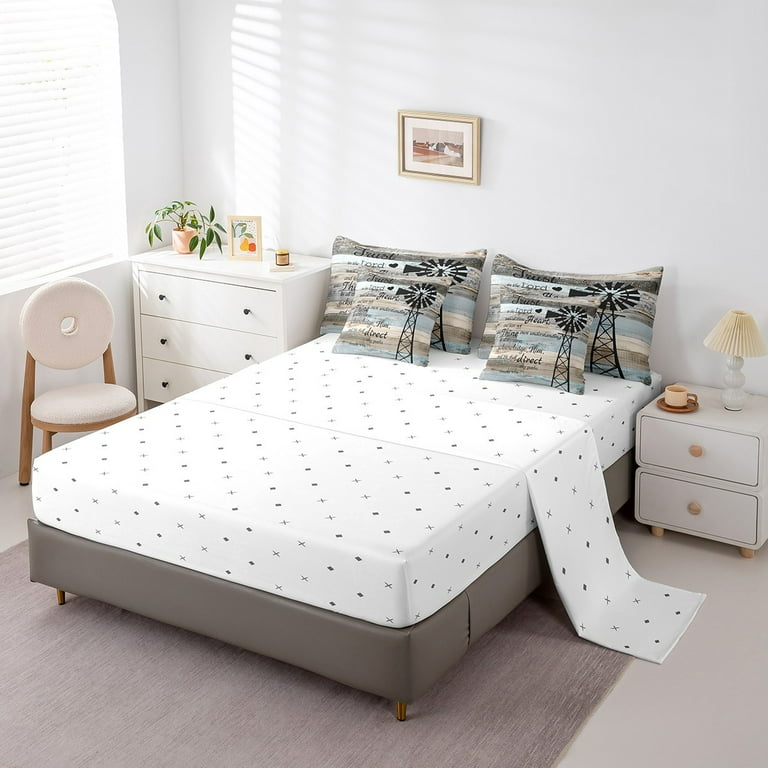 YST Rustic Farmhouse Bed In A Bag Twin Country Windmill Comforter Set 7 Piece For Kids Adults Wooden Board Cabin Bedding Set Blue Grey Vintage Barn Door Sheet Set With Comforter Walmart