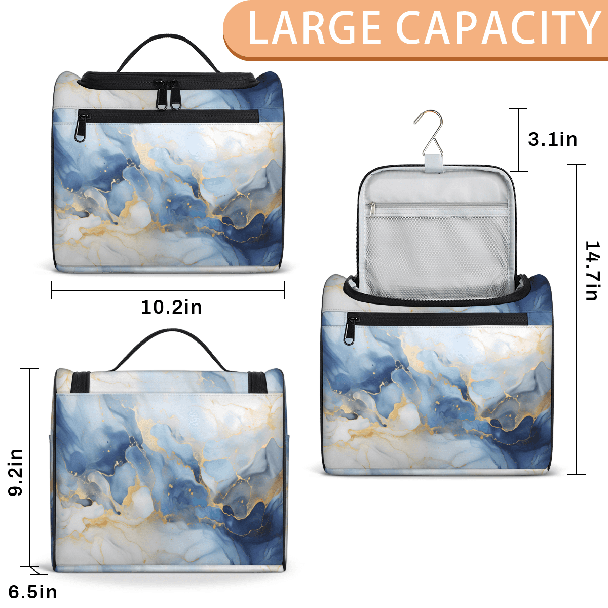 Herdesigns Marble Toiletry Bag for Women, Travel Makeup Bag, Waterproof Hanging Cosmetic Organizer for Toiletries & Makeup Essentials