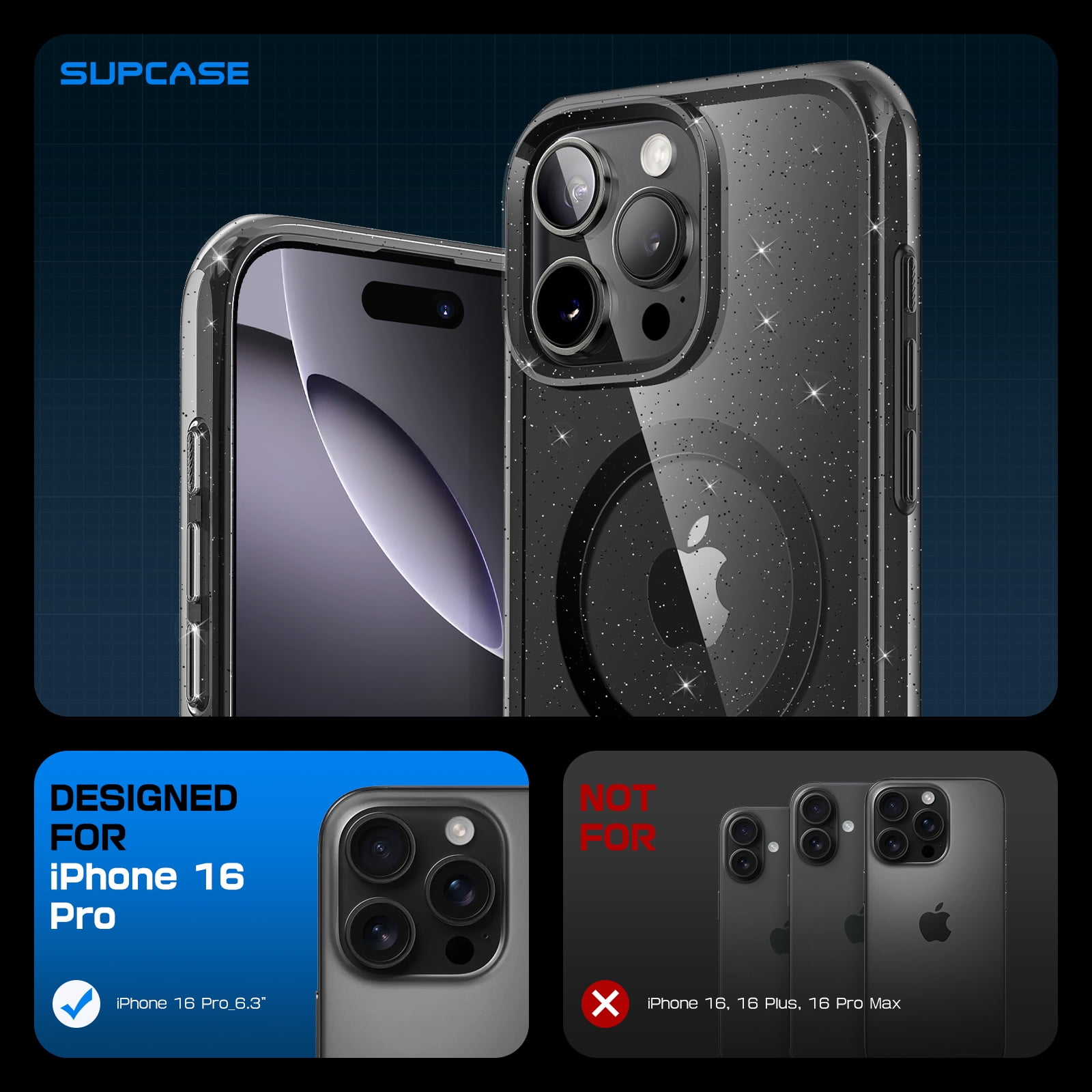 SUPCASE for iPhone 16 Pro Case with Camera Control Capture Button (Unicorn Beetle Mag), [Compatible with MagSafe] Slim Protective Magnetic Phone Case Cover for iPhone 16 Pro 6.3'' 2024, GlitterBlack