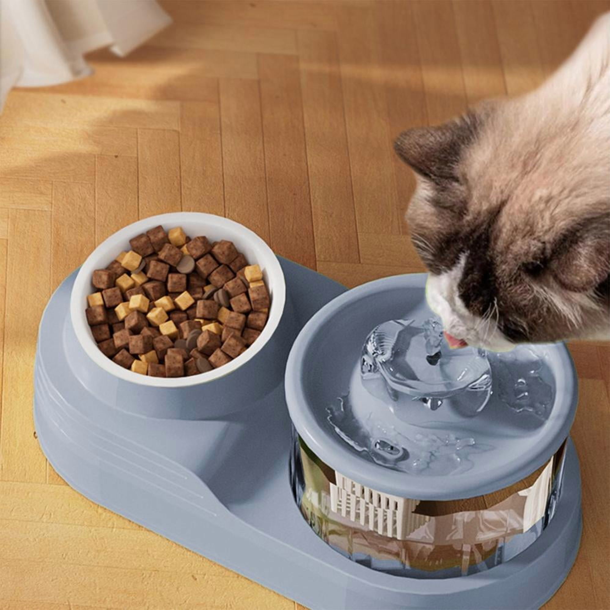 COM1950s Automatic Cat Water Fountain with Food Bowl,2 in 1 Pet Feeder and Drinking Fountain with Splash-Free Design,Anti-Slide Base for Cats and Small Dogs