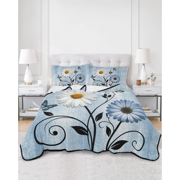 Quilts King Size, Blue Spring Floral Soft Comforter Bedding Set for Bed, Daisy Watercolor Vintage Butterfly Lightweight Quilted Bedspread with Pillow Cover(2 Pieces) for All Season, 96x106 Inch
